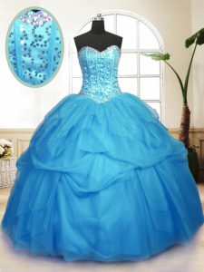 Sleeveless Floor Length Sequins and Pick Ups Lace Up Quinceanera Dresses with Baby Blue