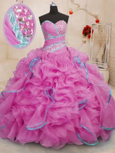 With Train Rose Pink Ball Gown Prom Dress Sweetheart Sleeveless Brush Train Lace Up