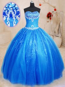 Floor Length Royal Blue Quinceanera Dress Tulle and Sequined Sleeveless Beading and Appliques