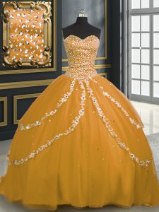 Decent Beading and Appliques Vestidos de Quinceanera Gold Lace Up Sleeveless With Brush Train
