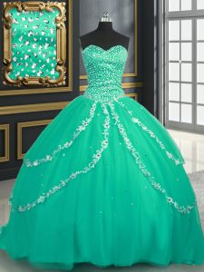 Custom Made Turquoise Ball Gowns Beading and Appliques Quince Ball Gowns Lace Up Tulle Sleeveless With Train
