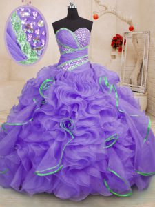 Fabulous Sleeveless Organza With Brush Train Lace Up 15 Quinceanera Dress in Lavender with Beading and Ruffles