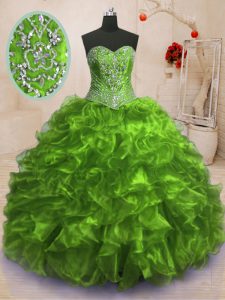 Olive Green Lace Up Quince Ball Gowns Beading and Ruffles Sleeveless With Train Sweep Train