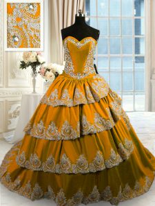 Hot Sale Taffeta Sweetheart Sleeveless Court Train Lace Up Beading and Appliques and Ruffled Layers Quince Ball Gowns in