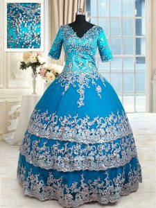 Great Teal Tulle Zipper V-neck Half Sleeves Floor Length 15th Birthday Dress Beading and Lace and Appliques and Ruffled 