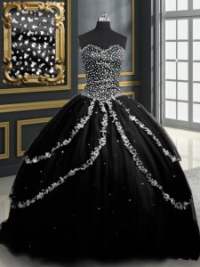 Sleeveless Tulle With Brush Train Lace Up Quinceanera Dresses in Black with Beading and Appliques