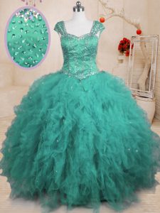 Modern Floor Length Turquoise Quinceanera Dress Square Cap Sleeves Lace Up