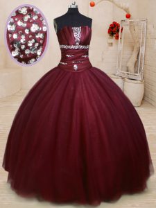 Sleeveless Tulle Floor Length Lace Up Sweet 16 Dresses in Burgundy with Beading