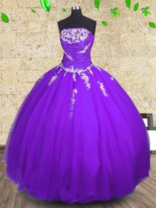 Wonderful Tulle Strapless Sleeveless Lace Up Appliques and Ruching Sweet 16 Dress in Purple