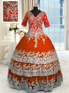 Extravagant Floor Length Ball Gowns Half Sleeves Orange Red Ball Gown Prom Dress Zipper
