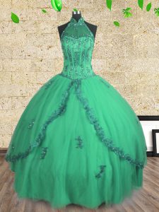 Elegant Halter Top Sleeveless Tulle Floor Length Lace Up 15 Quinceanera Dress in Turquoise with Beading