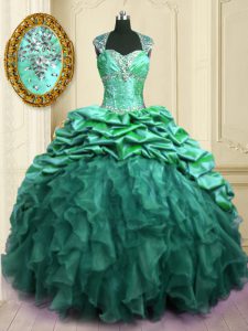 Spectacular Turquoise Organza and Taffeta Lace Up Sweet 16 Dresses Cap Sleeves With Brush Train Beading and Ruffles and 