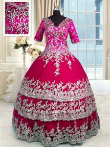 Floor Length Zipper 15th Birthday Dress Red and Hot Pink for Military Ball and Sweet 16 and Quinceanera with Beading and