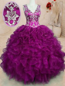 Suitable Fuchsia V-neck Backless Beading and Embroidery and Ruffles Quinceanera Dresses Sleeveless