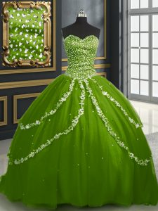 Stunning Olive Green Ball Gowns Tulle Sweetheart Sleeveless Beading and Appliques With Train Lace Up Quinceanera Gowns B