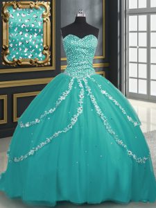 Super Turquoise Lace Up Sweet 16 Quinceanera Dress Beading and Appliques Sleeveless With Brush Train