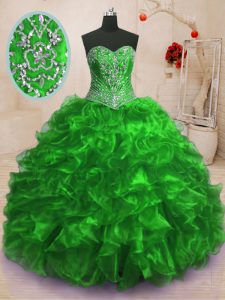 Modern Ball Gowns Organza Sweetheart Sleeveless Beading and Ruffles With Train Lace Up Quinceanera Dresses Sweep Train
