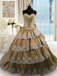 Pretty Sleeveless Court Train Lace Up With Train Beading and Appliques and Ruffled Layers Sweet 16 Dress