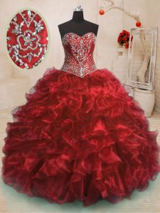 Sleeveless Organza With Train Sweep Train Lace Up 15th Birthday Dress in Wine Red with Beading and Ruffles