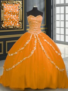 Orange Tulle Lace Up 15th Birthday Dress Sleeveless With Brush Train Beading and Appliques