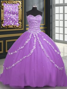 Custom Design Lavender Ball Gowns Tulle Sweetheart Sleeveless Beading and Appliques With Train Lace Up Quinceanera Dress
