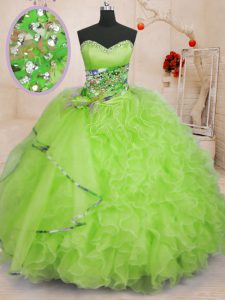 Low Price Yellow Green Sleeveless Floor Length Beading and Ruffles Lace Up Quinceanera Gowns
