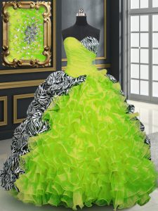 Glamorous With Train Yellow Green Quinceanera Dresses Organza and Printed Brush Train Sleeveless Beading and Ruffles and