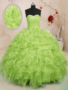 Dynamic Yellow Green Ball Gowns Sweetheart Sleeveless Organza Floor Length Lace Up Beading and Ruffles and Hand Made Flo