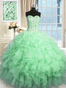 Fine Apple Green Ball Gowns Sweetheart Sleeveless Organza Floor Length Lace Up Beading and Ruffles and Sequins Quince Ba