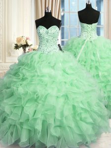 Sweet Apple Green Lace Up Sweetheart Beading and Ruffles Quinceanera Gowns Organza Sleeveless
