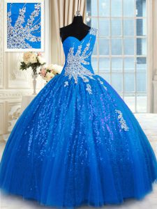 Great Blue Sweet 16 Quinceanera Dress Military Ball and Sweet 16 and Quinceanera and For with Appliques One Shoulder Sle