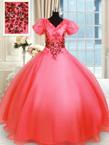 Organza V-neck Short Sleeves Lace Up Appliques Sweet 16 Quinceanera Dress in Coral Red