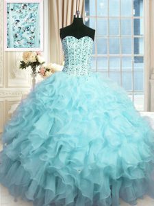 Dazzling Sweetheart Sleeveless Quinceanera Dress Floor Length Beading and Ruffles and Sequins Baby Blue Organza