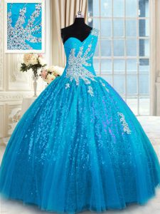 Excellent One Shoulder Floor Length Baby Blue Quinceanera Dresses Tulle and Sequined Sleeveless Appliques