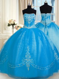 Stunning Baby Blue Lace Up Vestidos de Quinceanera Embroidery Sleeveless Floor Length