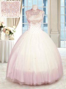 Custom Fit Baby Pink Ball Gowns Tulle High-neck Sleeveless Beading Floor Length Zipper Sweet 16 Dress