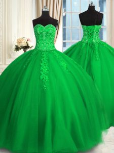 Cheap Tulle Sweetheart Sleeveless Lace Up Appliques and Embroidery Sweet 16 Quinceanera Dress in Green