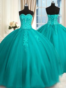 Sweetheart Sleeveless Lace Up Sweet 16 Dress Teal Tulle