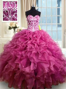 Most Popular Fuchsia Sleeveless Organza Lace Up Quinceanera Gowns for Military Ball and Sweet 16 and Quinceanera