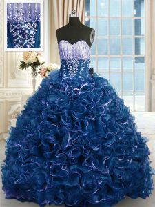 Fabulous Sweetheart Sleeveless Organza 15th Birthday Dress Beading and Ruffles Brush Train Lace Up