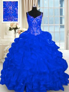 Trendy Royal Blue Ball Gowns Spaghetti Straps Sleeveless Organza Brush Train Lace Up Beading and Embroidery and Ruffles 
