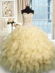 Glorious Champagne Organza Lace Up Quince Ball Gowns Sleeveless Floor Length Beading and Ruffles