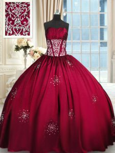 Sleeveless Floor Length Beading and Appliques and Ruching Lace Up Quinceanera Gowns with Wine Red