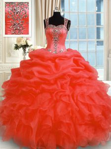 Trendy Organza Straps Sleeveless Zipper Beading and Ruffles Sweet 16 Dresses in Red