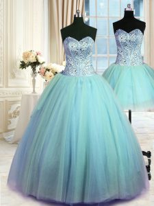 Three Piece Floor Length Blue Quince Ball Gowns Sweetheart Sleeveless Lace Up