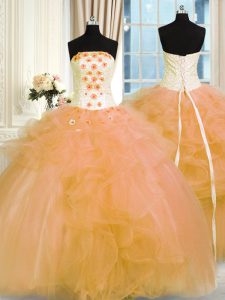 Gold Lace Up Strapless Hand Made Flower Quinceanera Dress Tulle Sleeveless