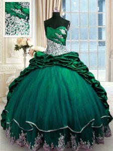 Sleeveless Taffeta Brush Train Lace Up Quinceanera Gowns in Dark Green with Beading and Appliques and Pick Ups