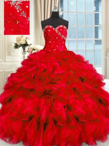 Edgy Beading and Ruffles Sweet 16 Dresses Red Lace Up Sleeveless Floor Length