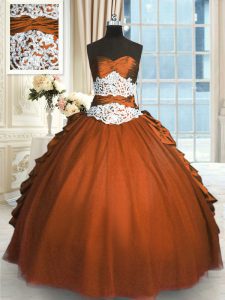 Beauteous Sleeveless Taffeta and Tulle Floor Length Lace Up 15th Birthday Dress in Rust Red with Beading and Lace and Ru