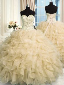 Sleeveless Floor Length Beading and Ruffles Lace Up Quinceanera Dresses with Champagne
